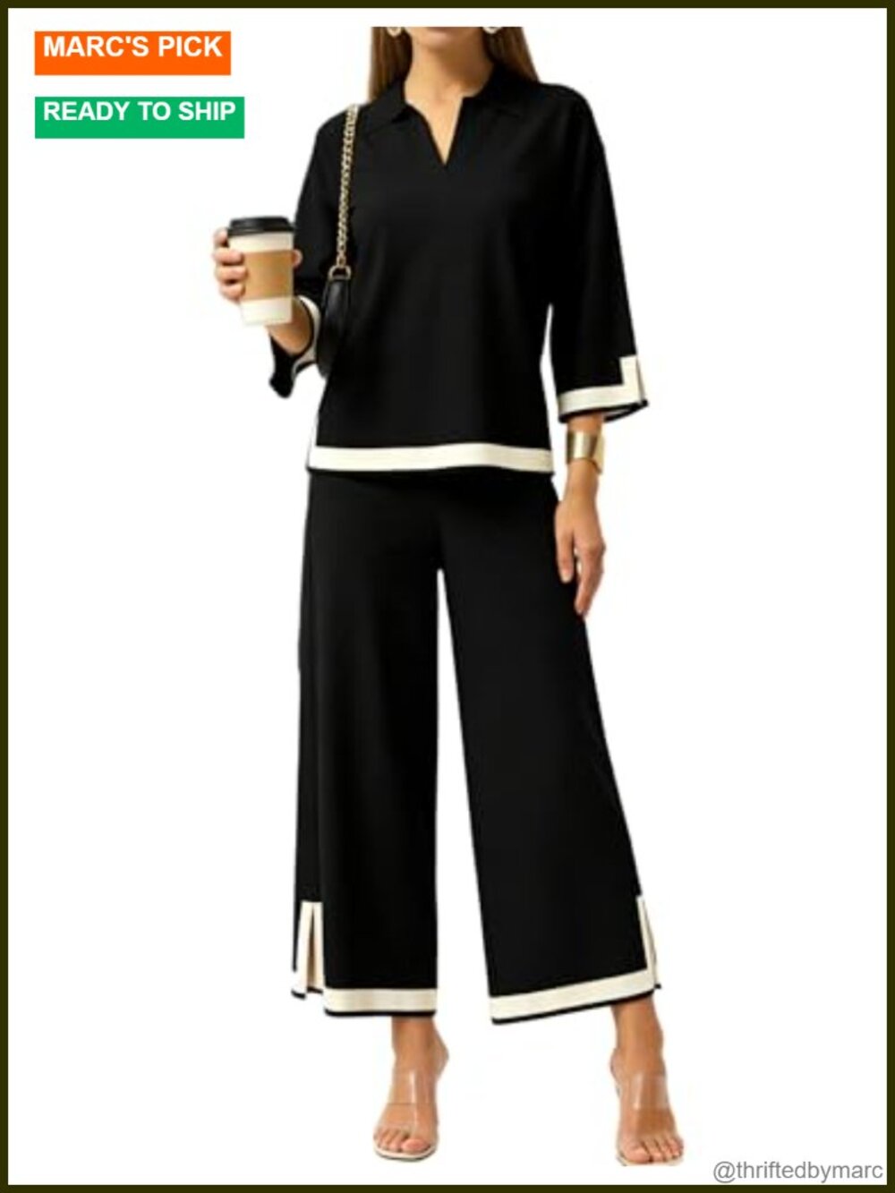 Women's 2 Piece Knit Lounge Set 3/4 Sleeve Wide Leg Palazzo Pants